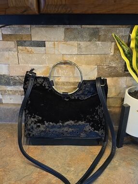 Black Velvet Shoulder Bag with Gold Ring Handle